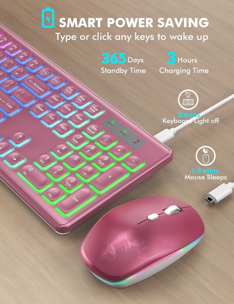 Trueque Wireless Keyboard and Mouse Combo, RGB Backlit, Rechargeable & Light Up Letters, Full-Size, Soft Typing, Sleep Mode, 2.4GHz Quiet Keyboard Set for Mac, Windows, Laptop, PC, (Wine Red) - Image 3